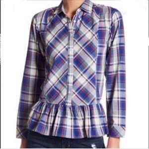 Kensie Peplum Cotton Plaid Button Up Top Medium